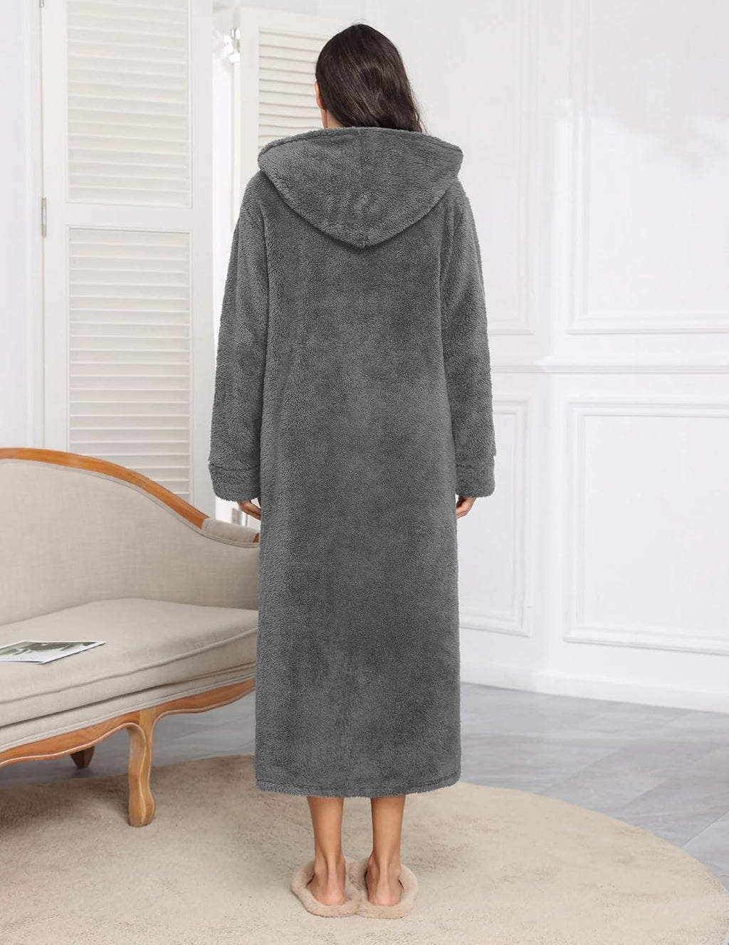 Fleece Robes Hooded Plush Zipper Front Long Bathrobe