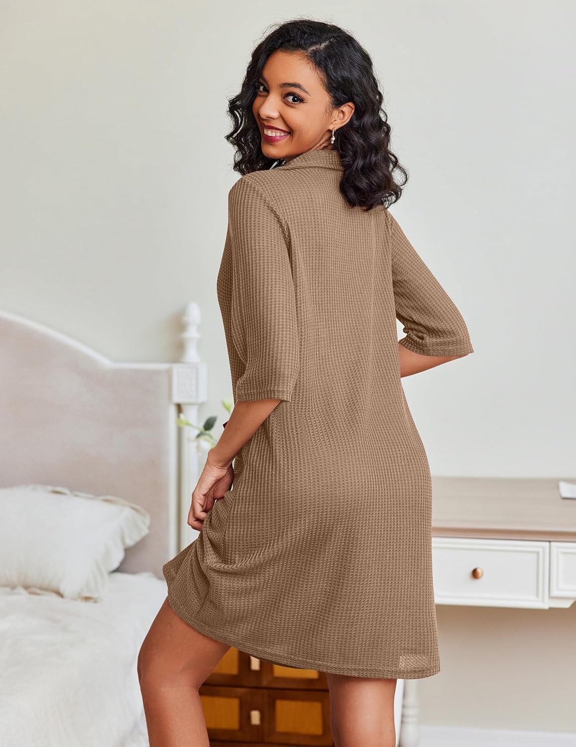 Zipper Robes Waffle Knit Bathrobes with Pockets