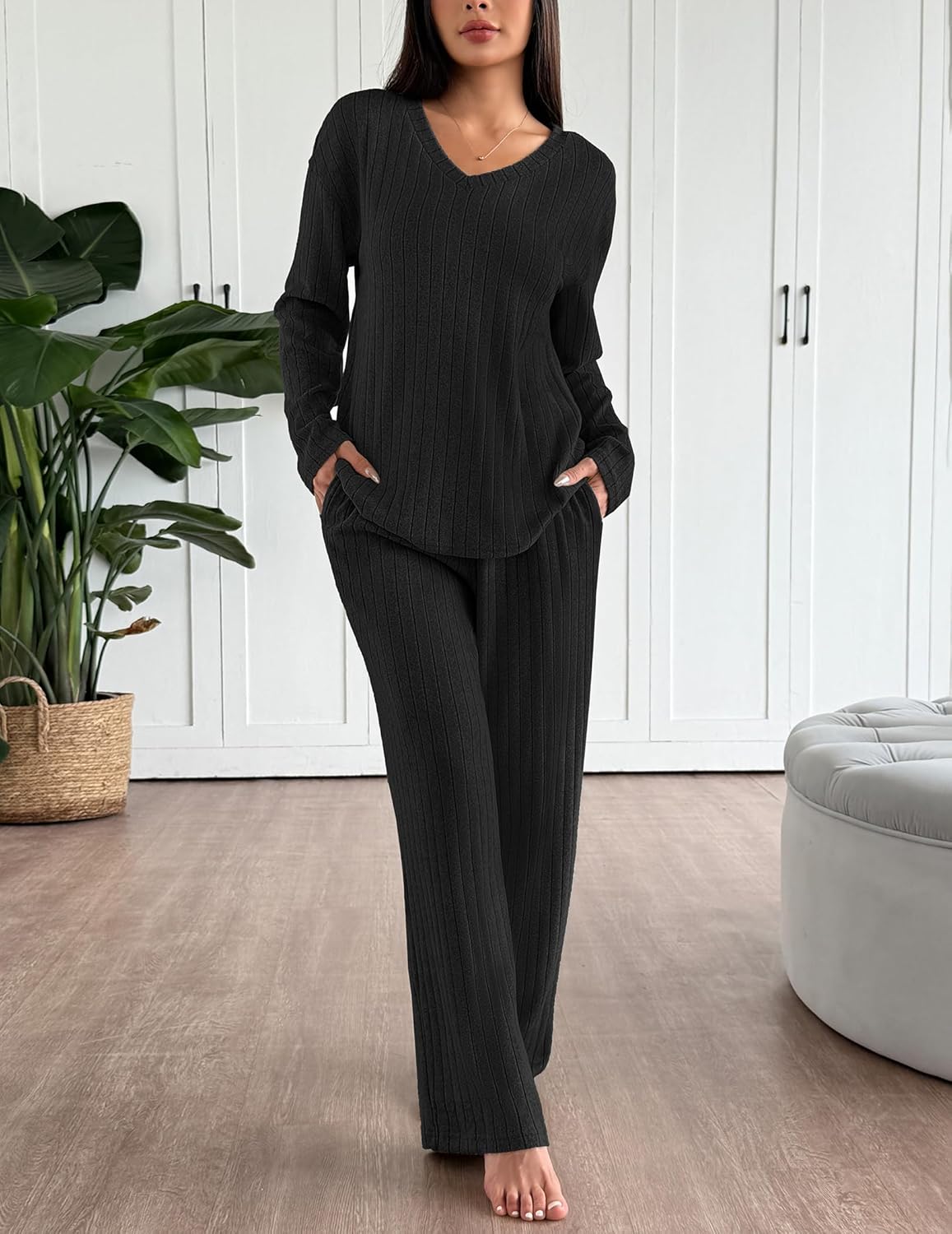 Lounge Sets Long Sleeve Knit Ribbed Pajama Sets