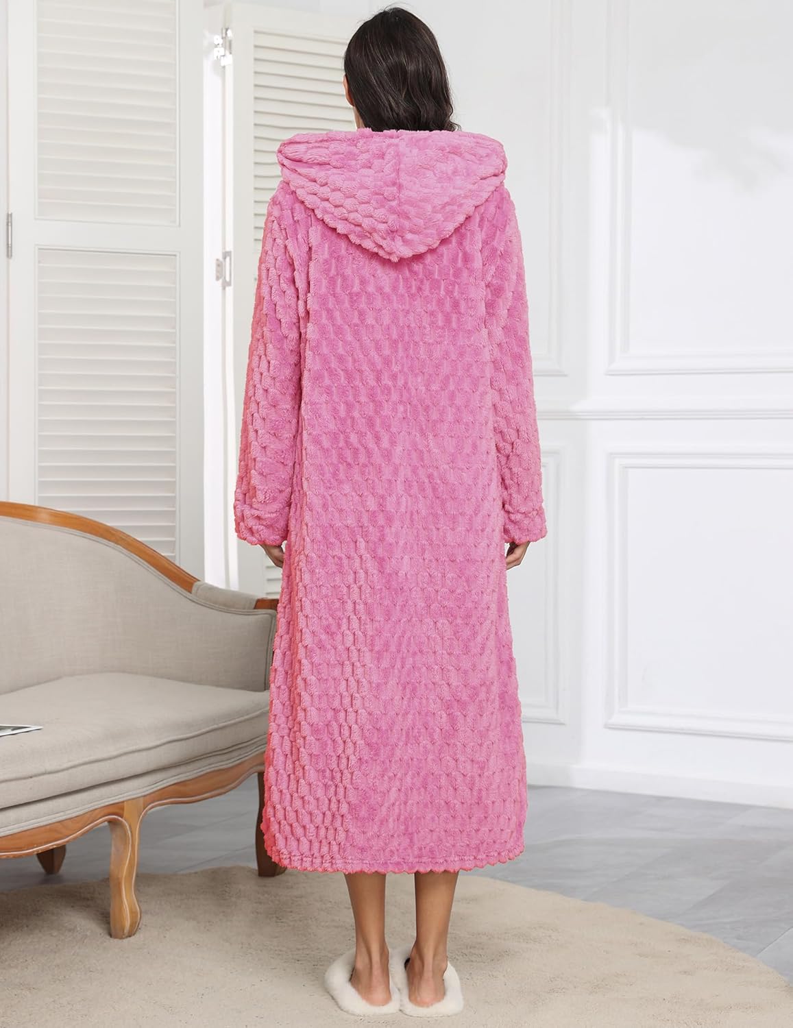 Fleece Robes Hooded Plush Zipper Front Long Bathrobe