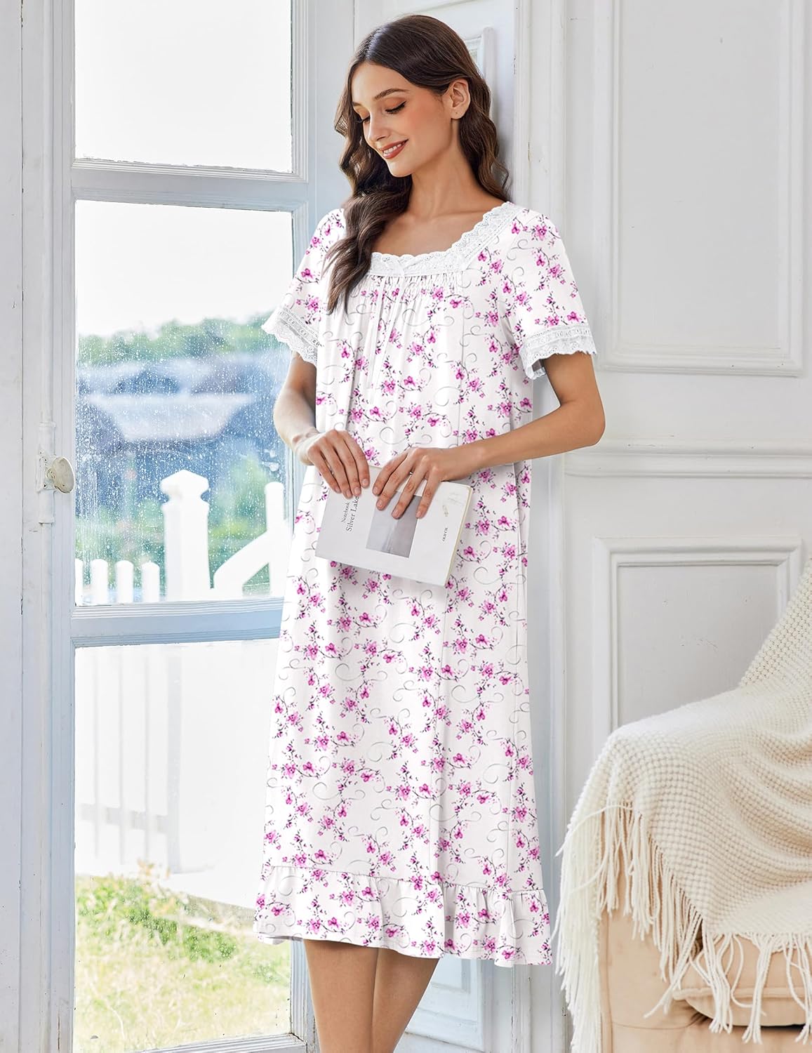 Cotton Nightgowns Vintage Short Sleeve Lace  Nightdress