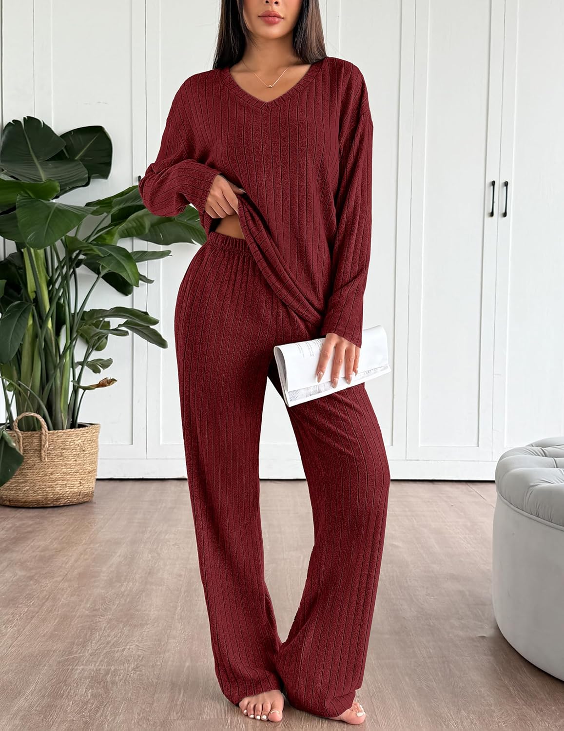 Lounge Sets Long Sleeve Knit Ribbed Pajama Sets