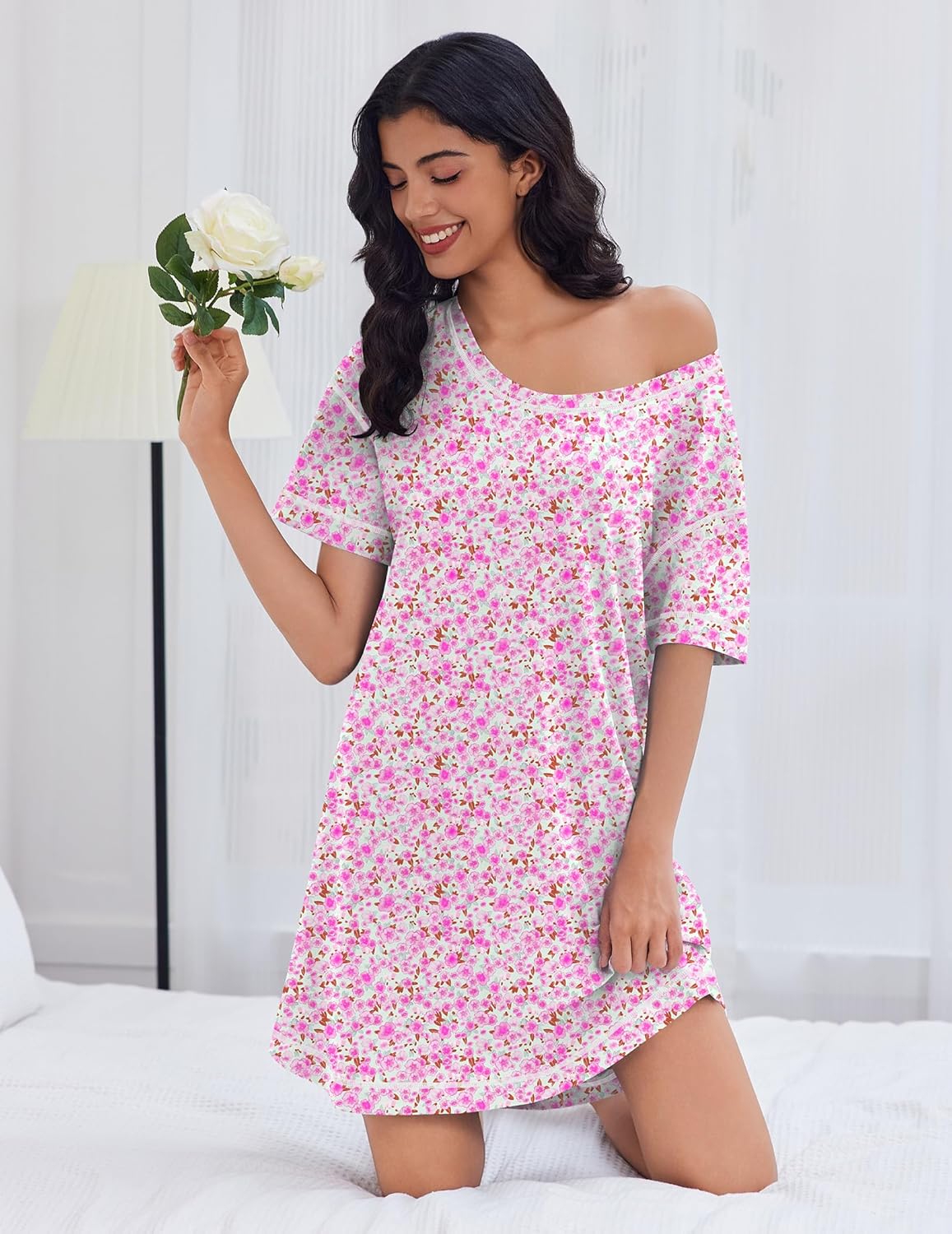Cotton Nightgowns Women Oversized Short Sleeve Night Shirt