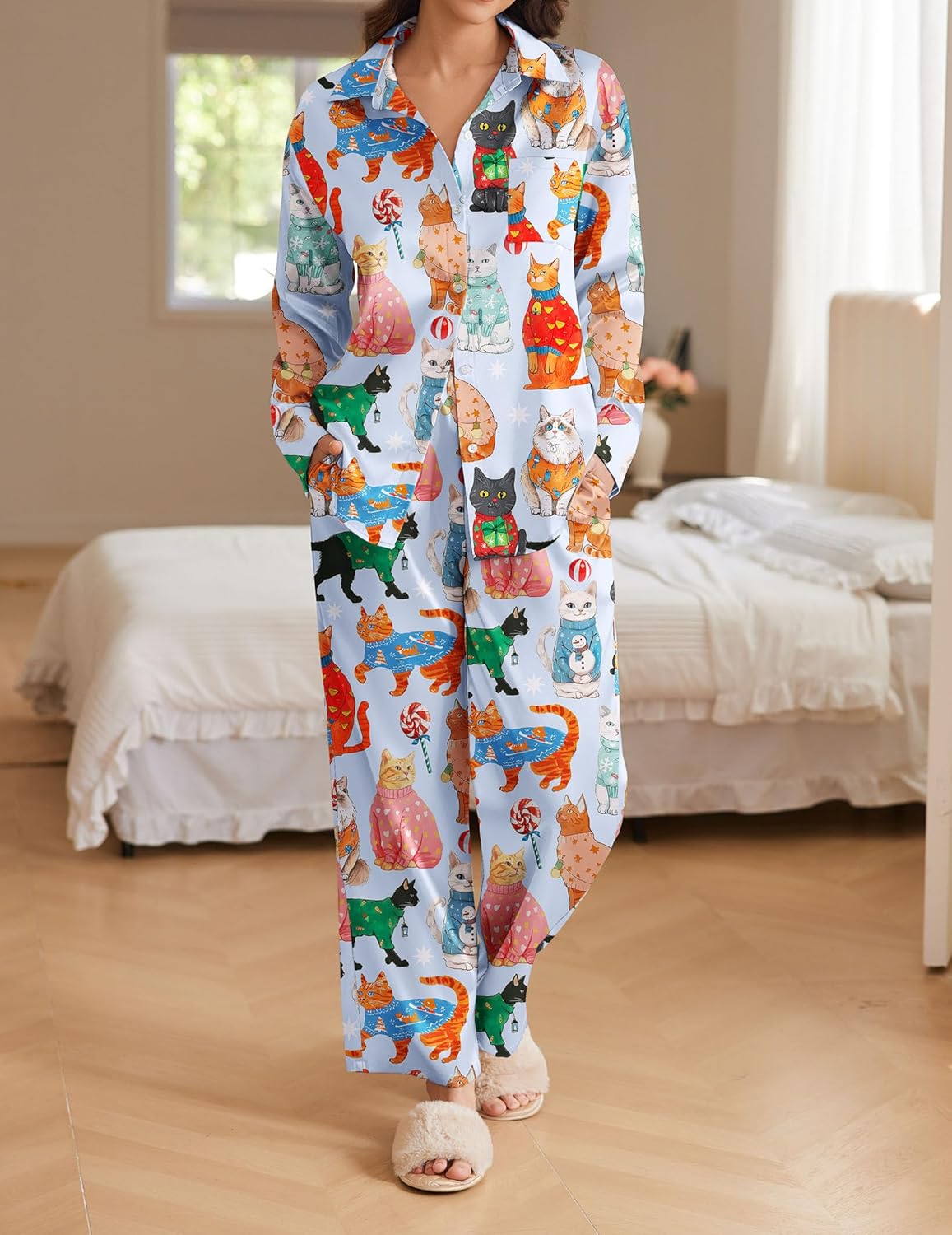 Satin Silky Pajama Set 2 Piece Soft Print PJs Loungewear