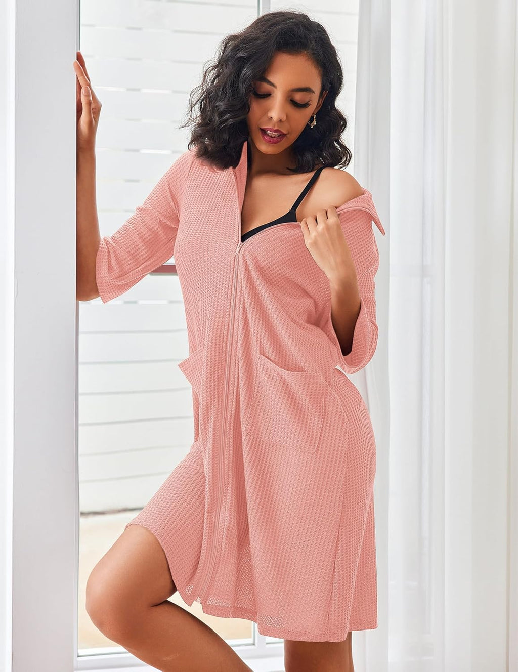 Zipper Robes Waffle Knit Bathrobes with Pockets