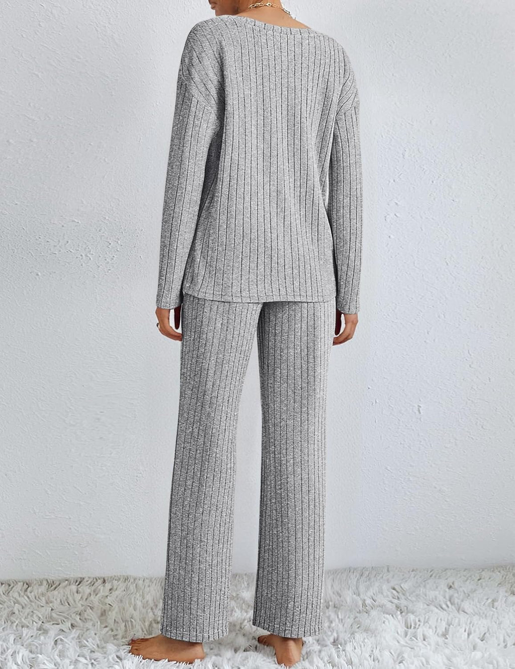 Lounge Sets Long Sleeve Knit Ribbed Pajama Sets