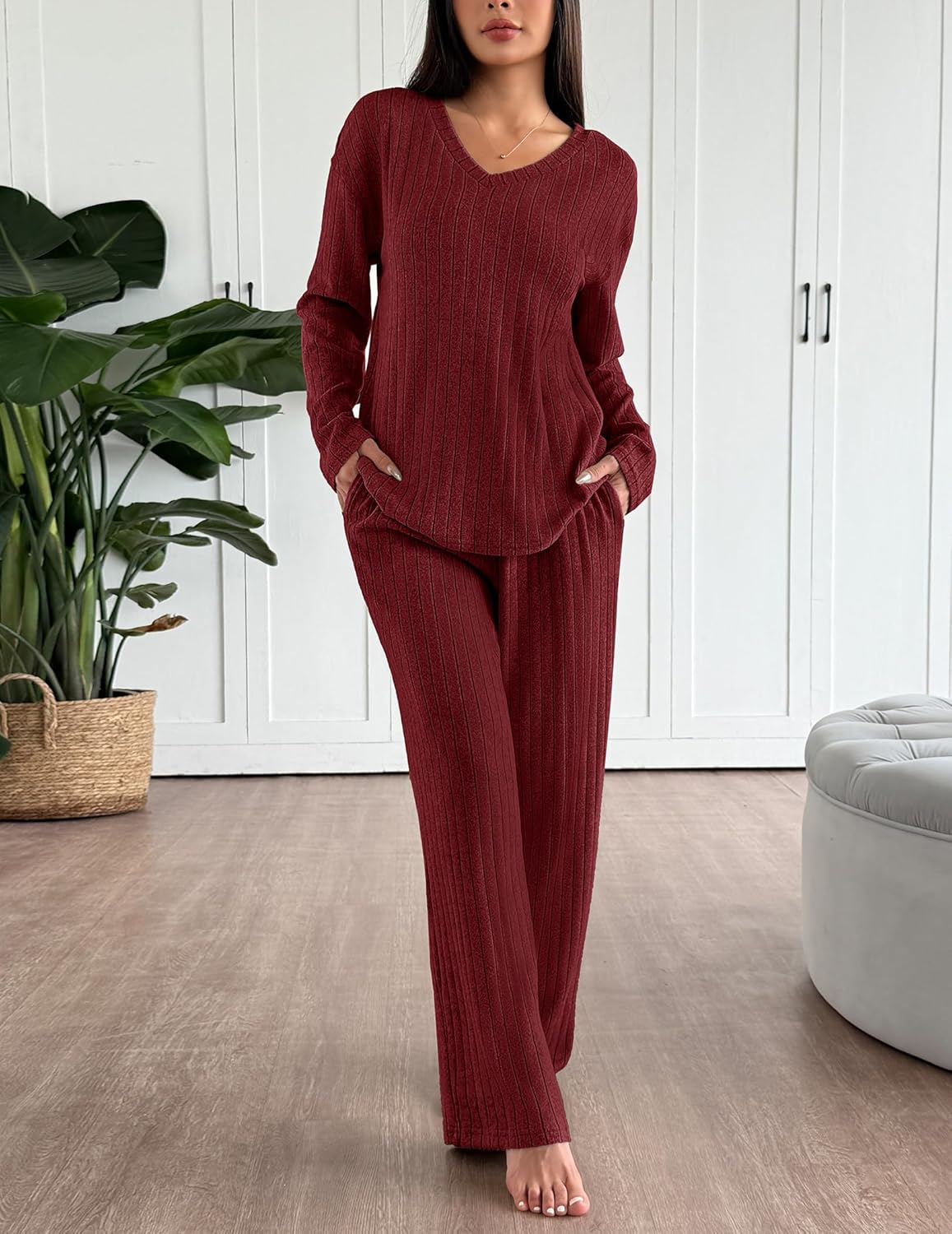 Lounge Sets Long Sleeve Knit Ribbed Pajama Sets