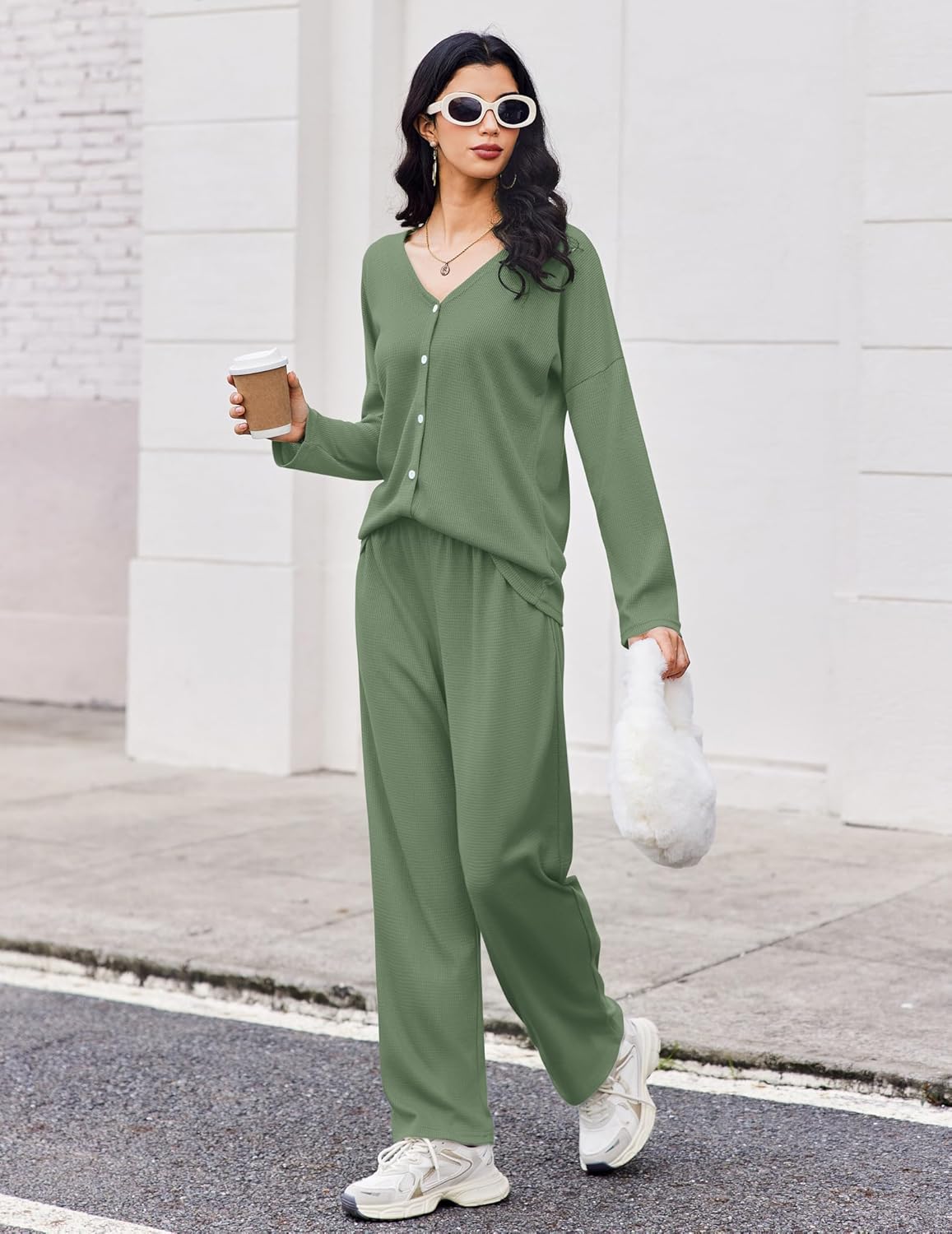 Waffle Knit Pajamas Long Sleeve Lounge Set