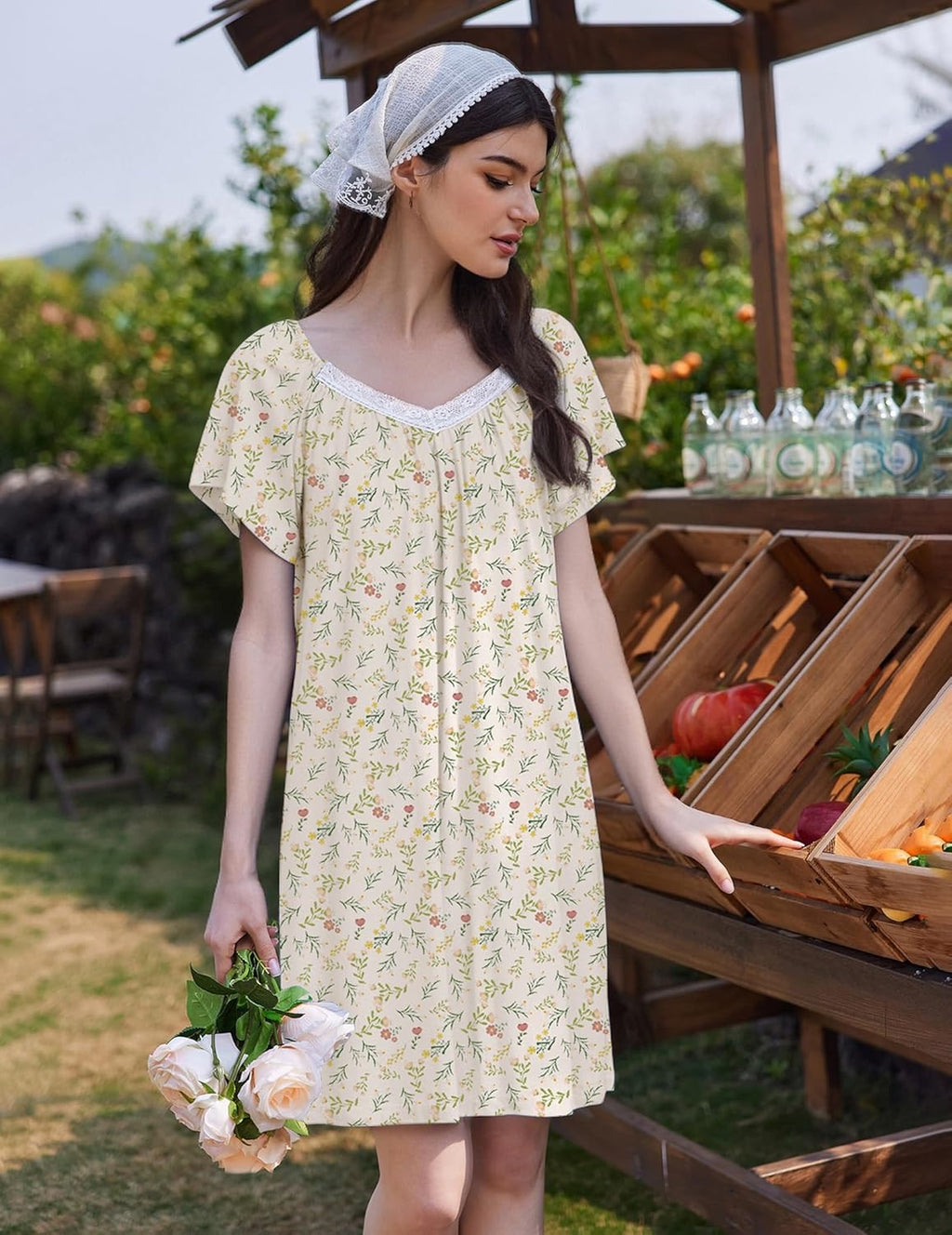 Lace Trim V Neck Sleep Shirt Flare Pleated Nightdress