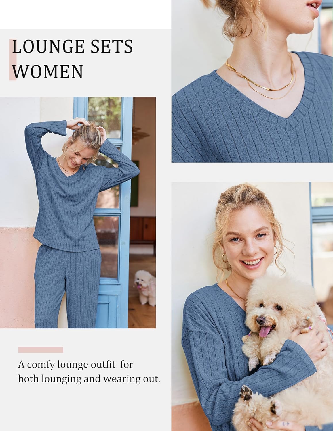 Lounge Sets Long Sleeve Knit Ribbed Pajama Sets