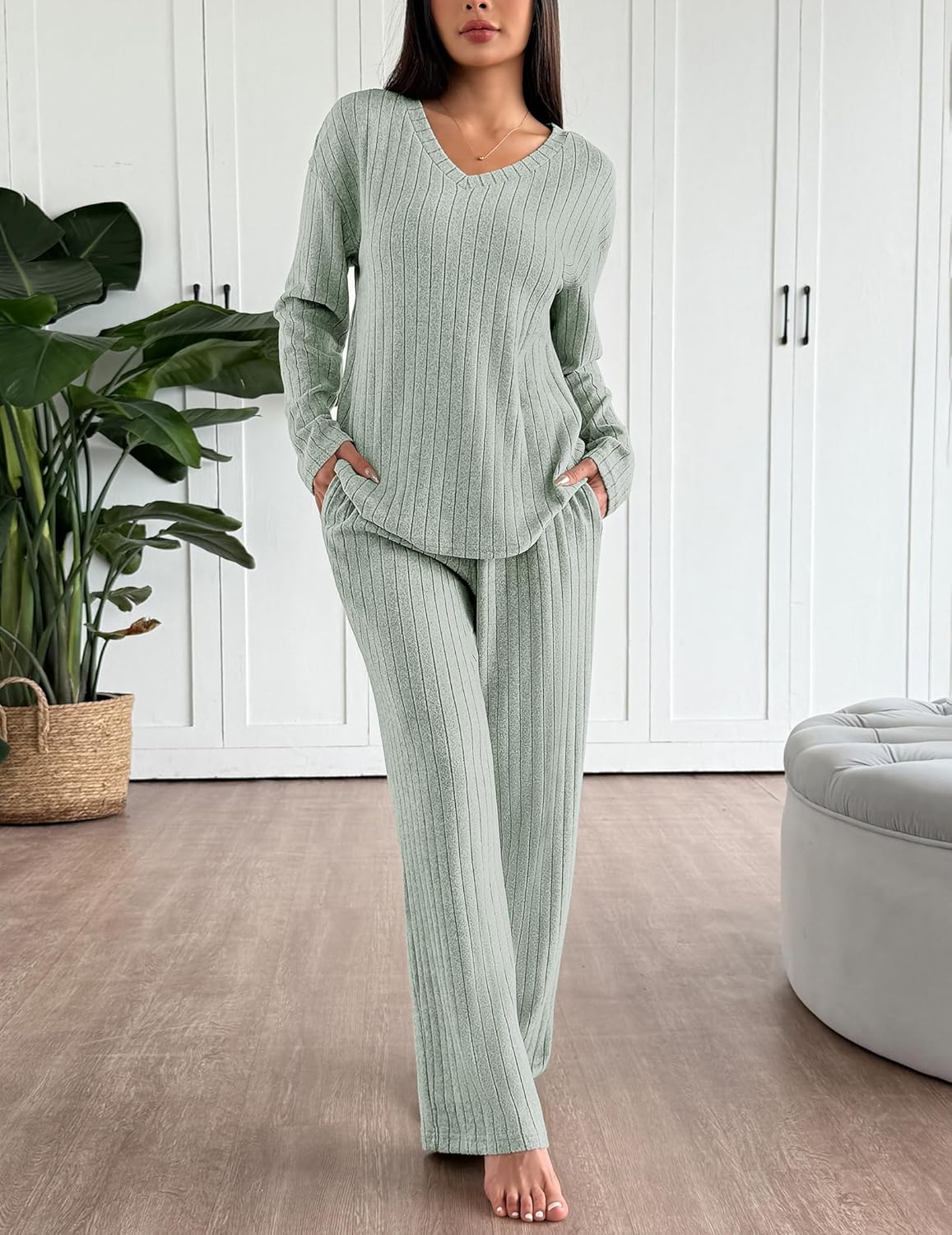 Lounge Sets Long Sleeve Knit Ribbed Pajama Sets