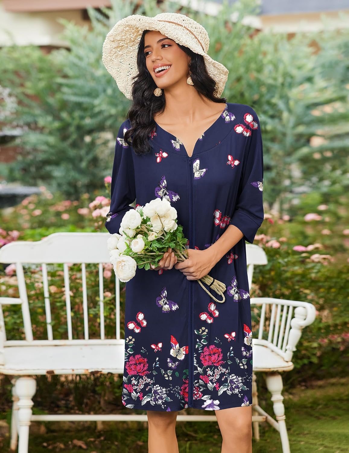 Zipper Robes 3/4 Sleeves Soft Nightgowns