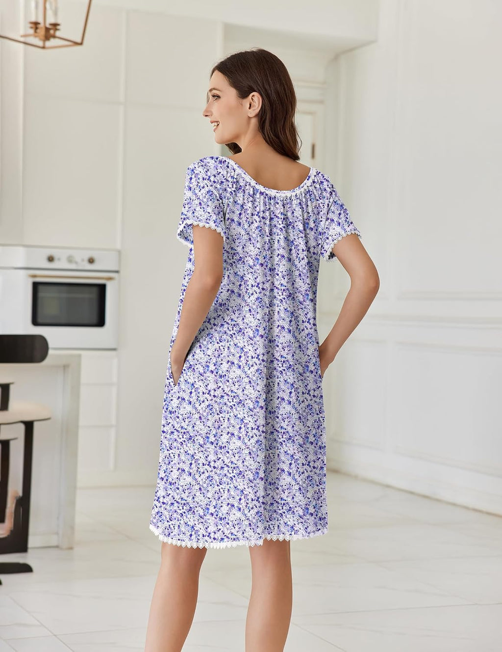 Cotton Nightgowns Lace Trim Short Sleeve Sleep Dress with Pockets