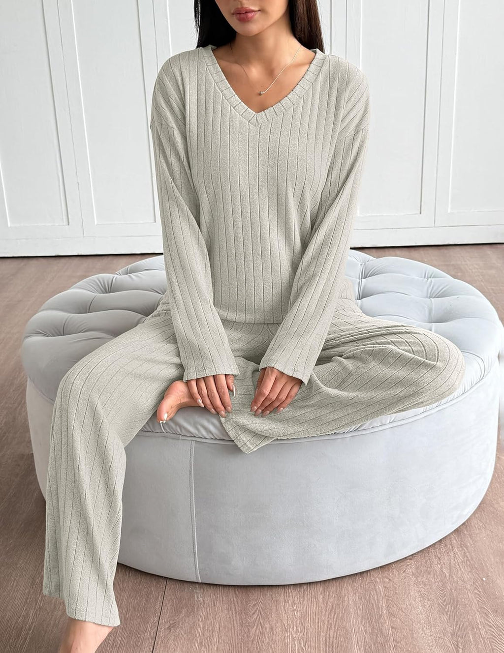 Lounge Sets Long Sleeve Knit Ribbed Pajama Sets