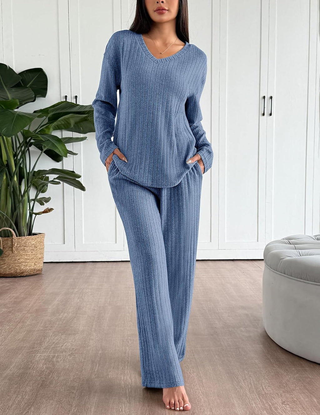 Lounge Sets Long Sleeve Knit Ribbed Pajama Sets