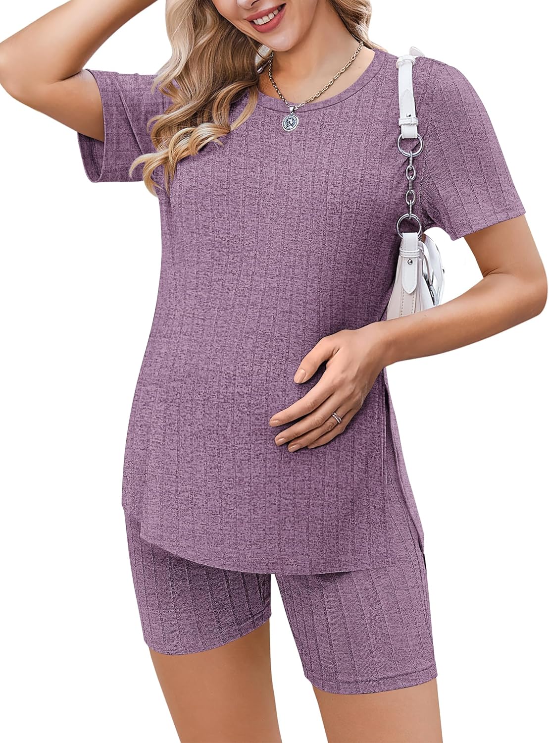 Maternity Sets 2 Piece Outfits Ribbed Knit Shirts and Shorts
