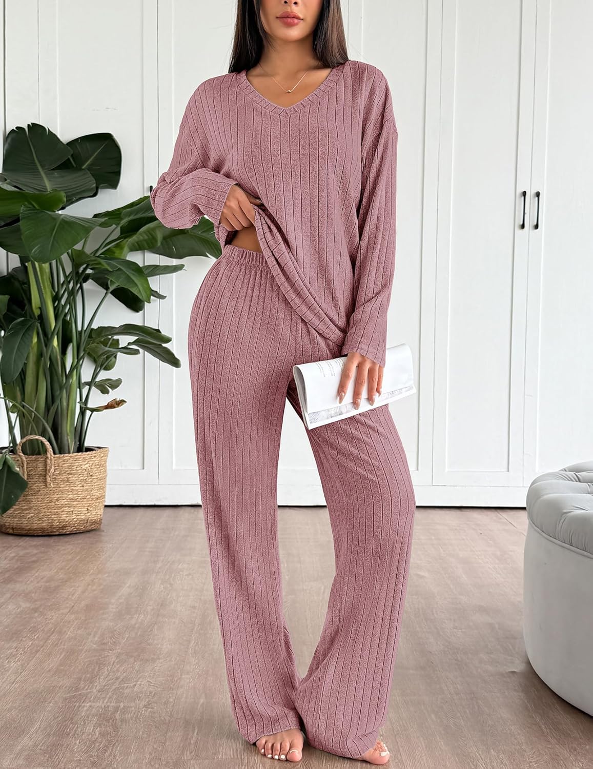 Lounge Sets Long Sleeve Knit Ribbed Pajama Sets