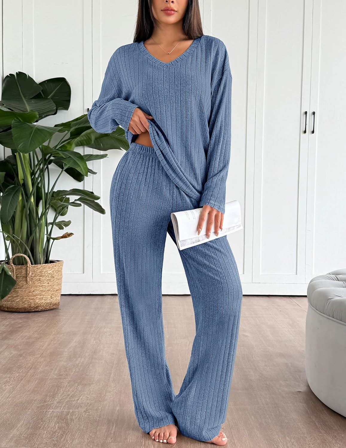 Lounge Sets Long Sleeve Knit Ribbed Pajama Sets