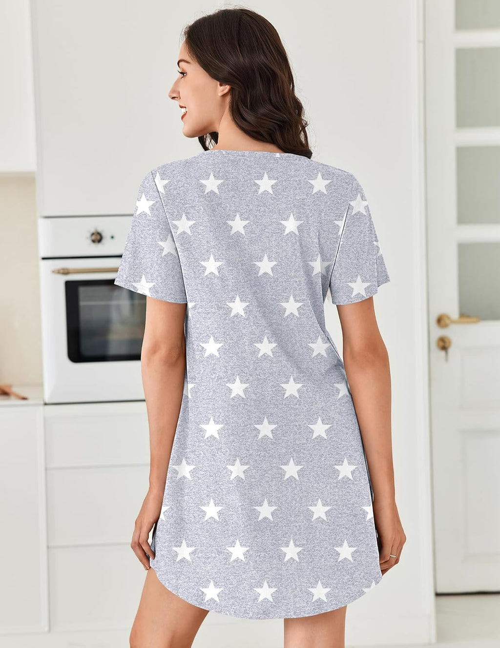 Cotton Night Gowns Pleated Henley V Neck Sleepshirts