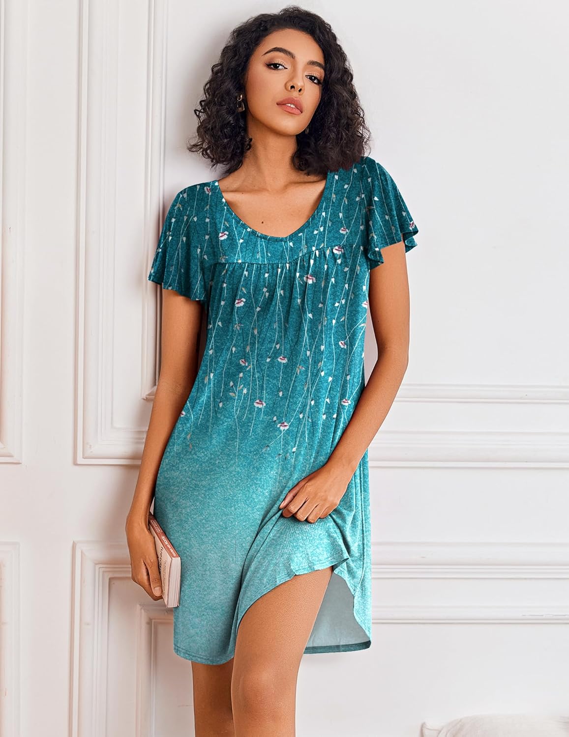 Short Sleeve Sleep Shirts Pleated Night Dress House Dress