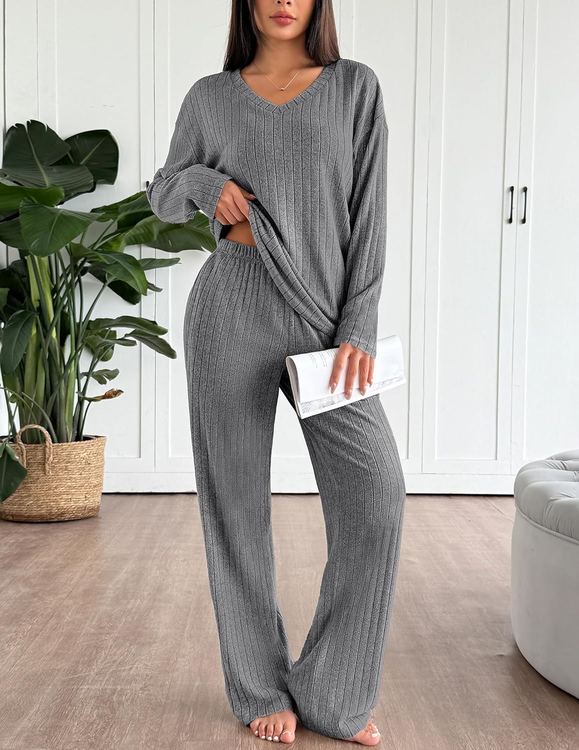 Lounge Sets Long Sleeve Knit Ribbed Pajama Sets