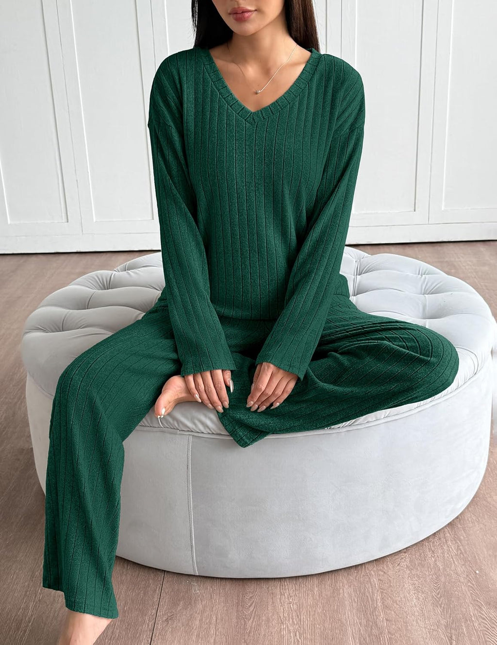 Lounge Sets Long Sleeve Knit Ribbed Pajama Sets