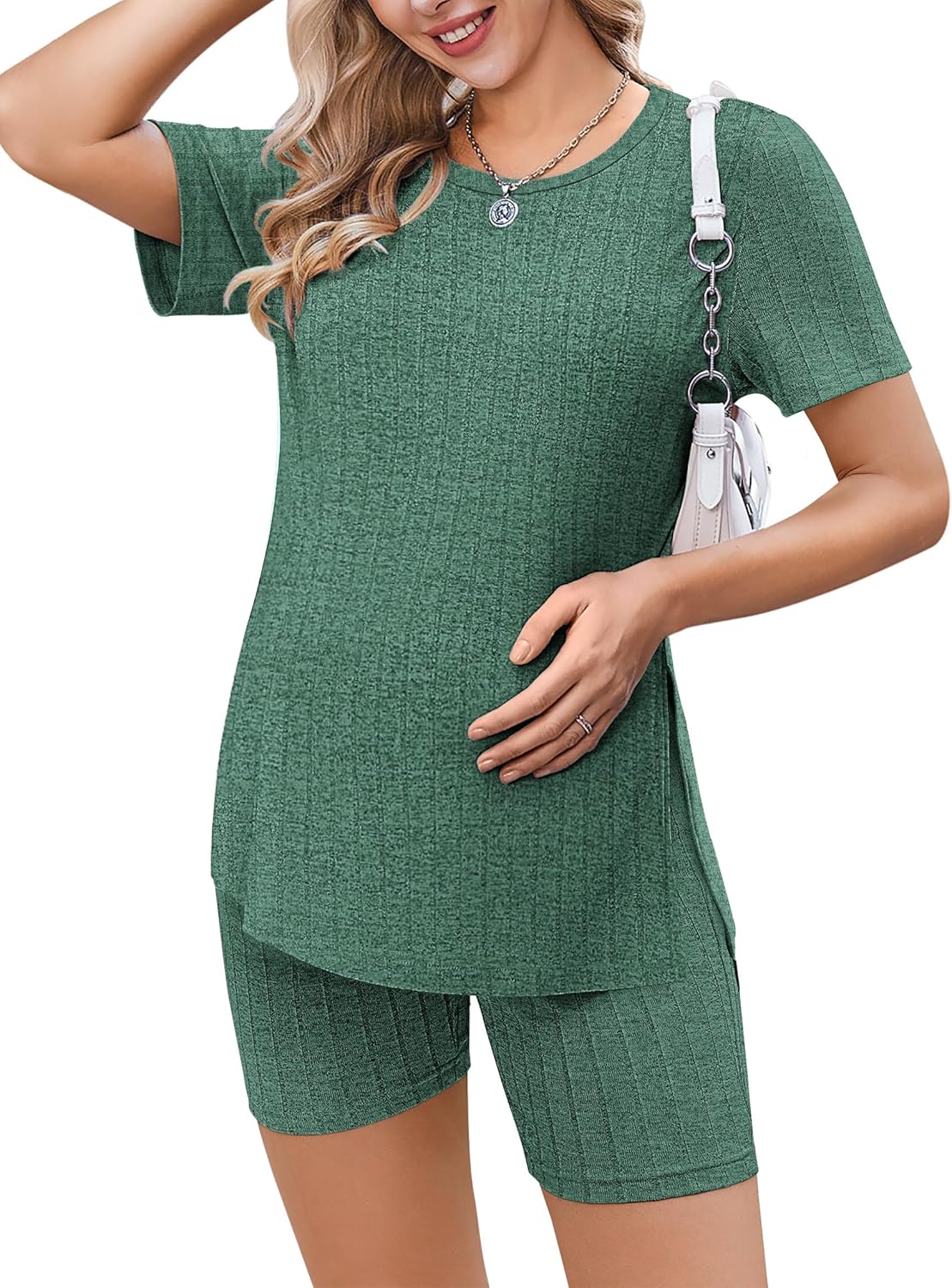 Maternity Sets 2 Piece Outfits Ribbed Knit Shirts and Shorts