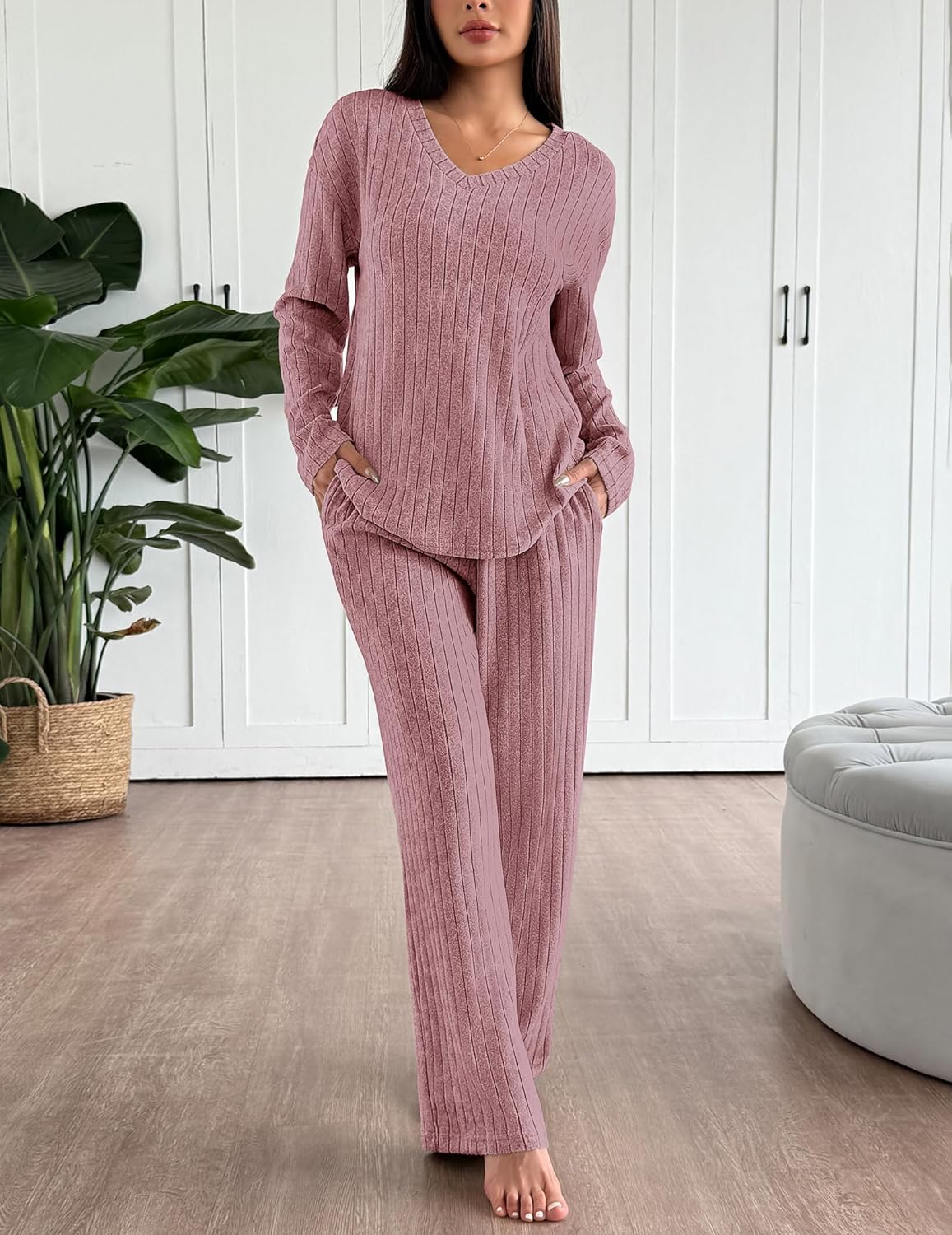 Lounge Sets Long Sleeve Knit Ribbed Pajama Sets