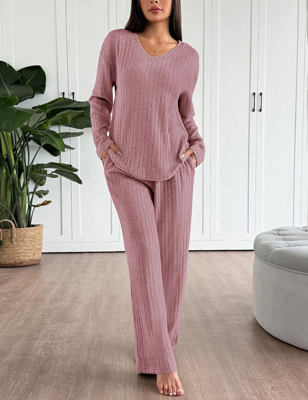Lounge Sets Long Sleeve Knit Ribbed Pajama Sets