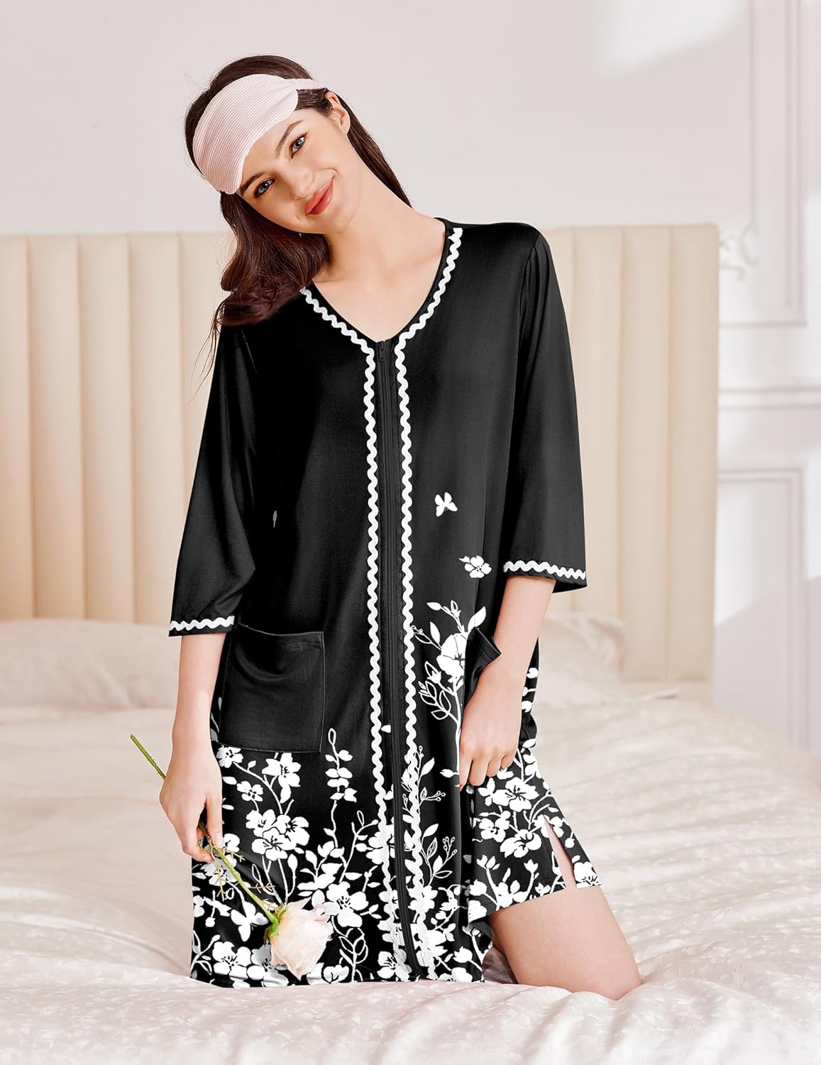 Zipper Robes for Women 3/4 Sleeves Lightweight House Coat