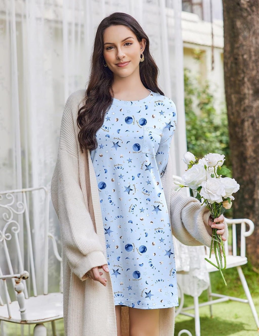 3 Pack Cotton Nightgowns Women Long Sleeve Sleep Shirts