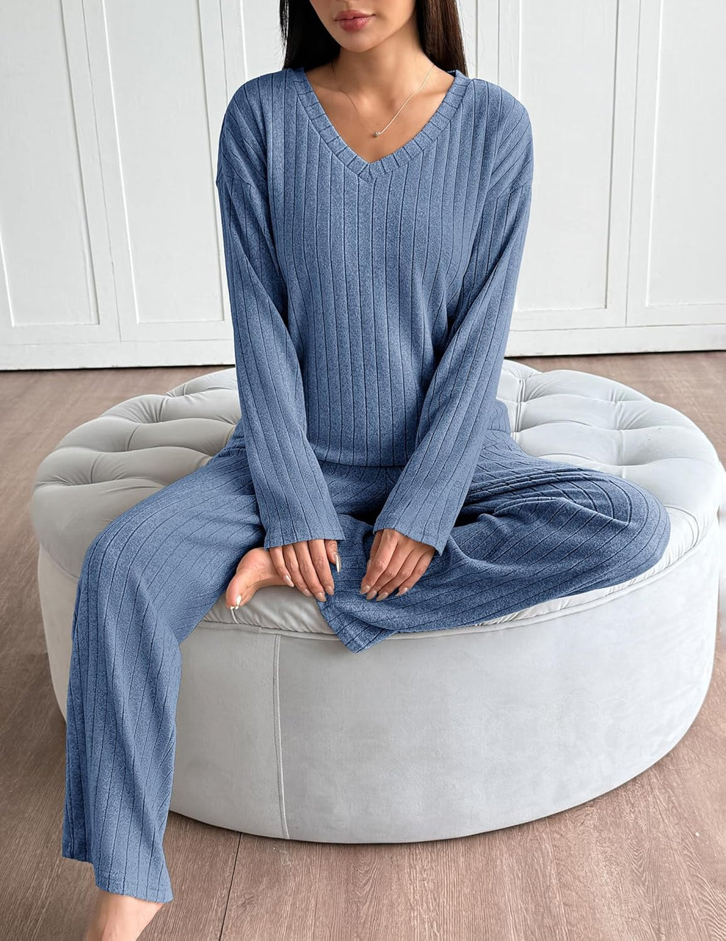 Lounge Sets Long Sleeve Knit Ribbed Pajama Sets