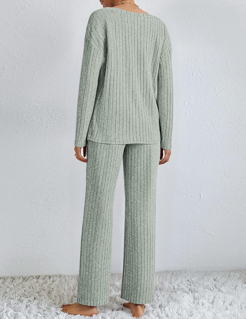 Lounge Sets Long Sleeve Knit Ribbed Pajama Sets
