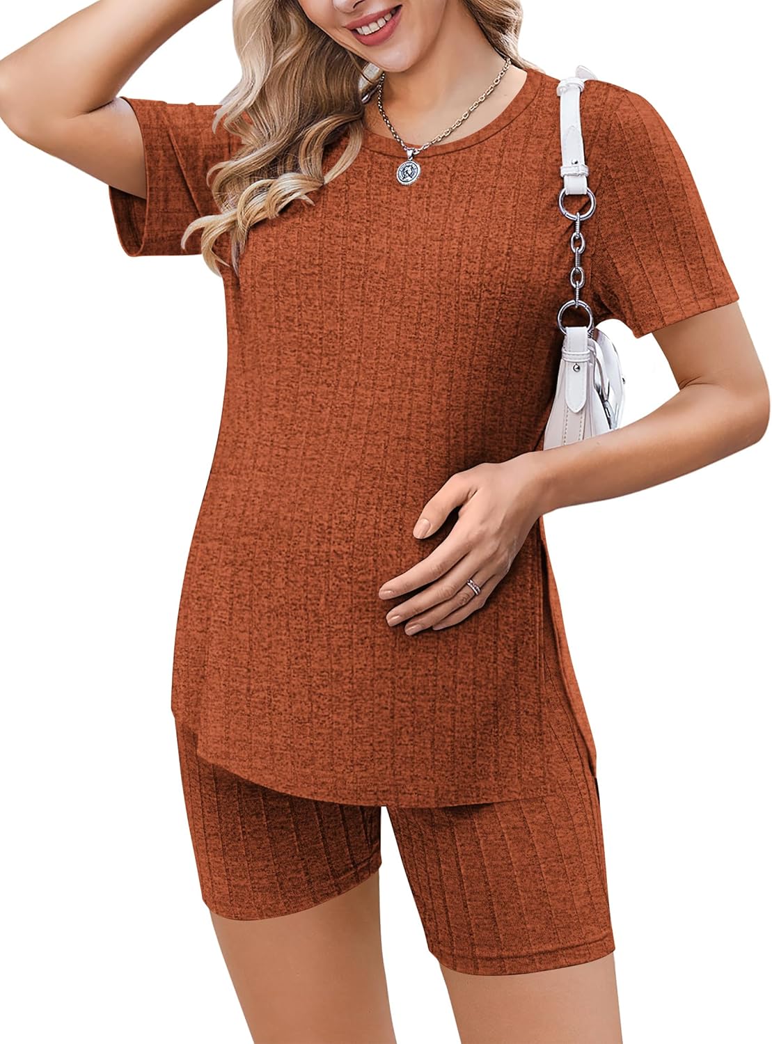 Maternity Sets 2 Piece Outfits Ribbed Knit Shirts and Shorts