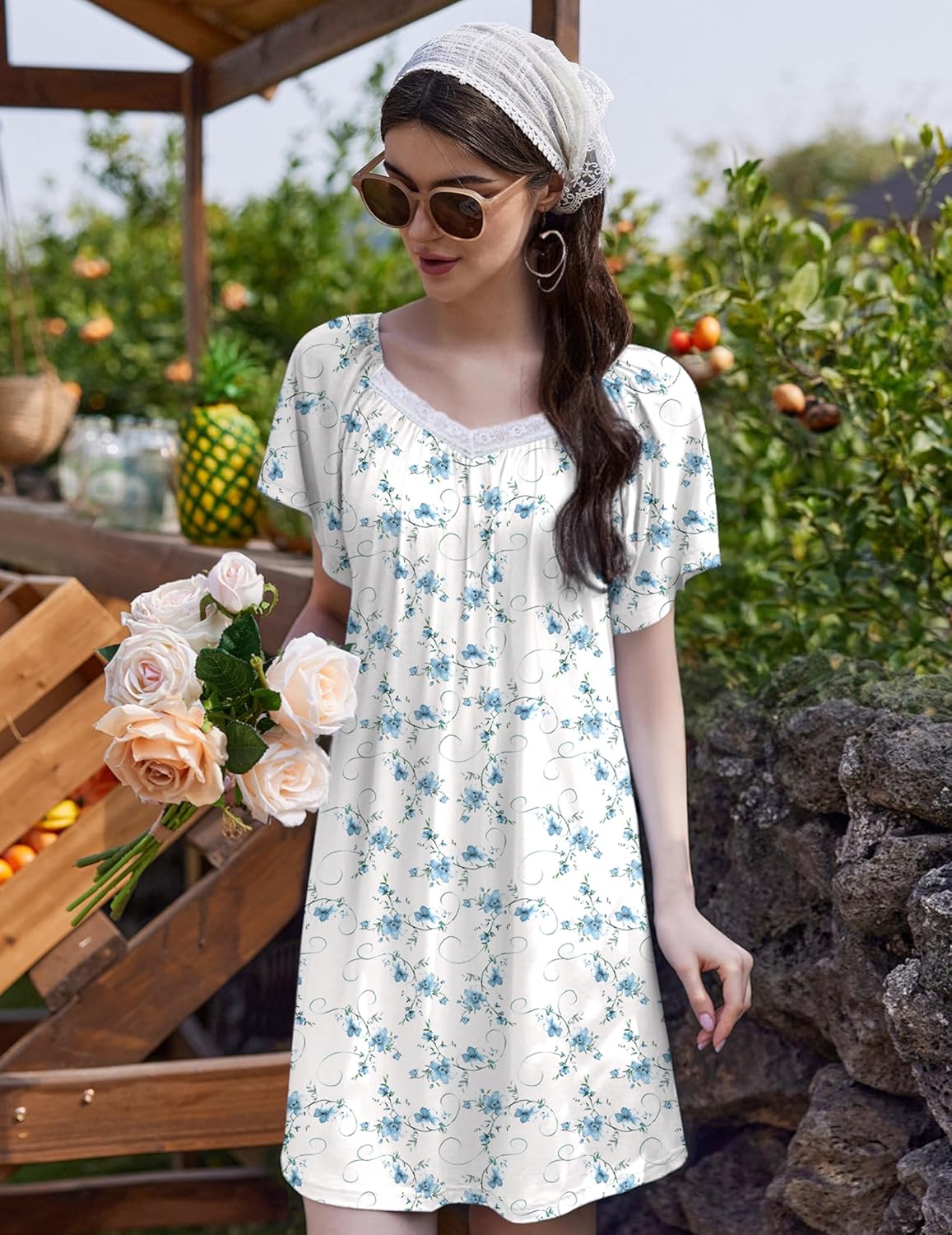 Lace Trim V Neck Sleep Shirt Flare Pleated Nightdress