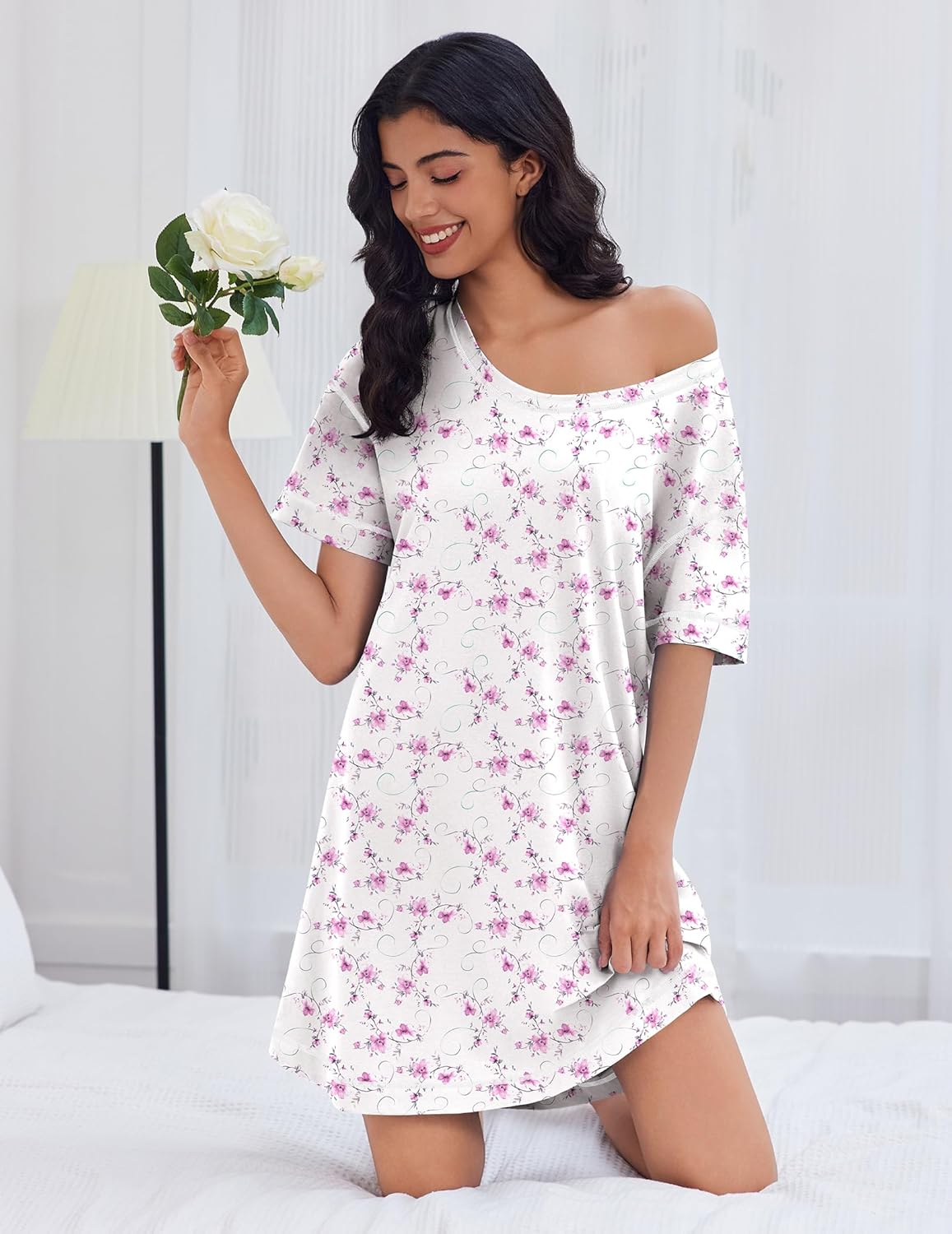 Cotton Nightgowns Women Oversized Short Sleeve Night Shirt
