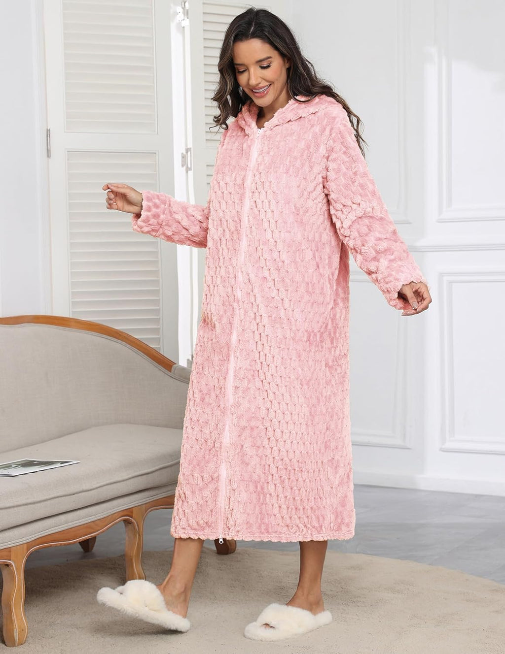 Fleece Robes Hooded Plush Zipper Front Long Bathrobe