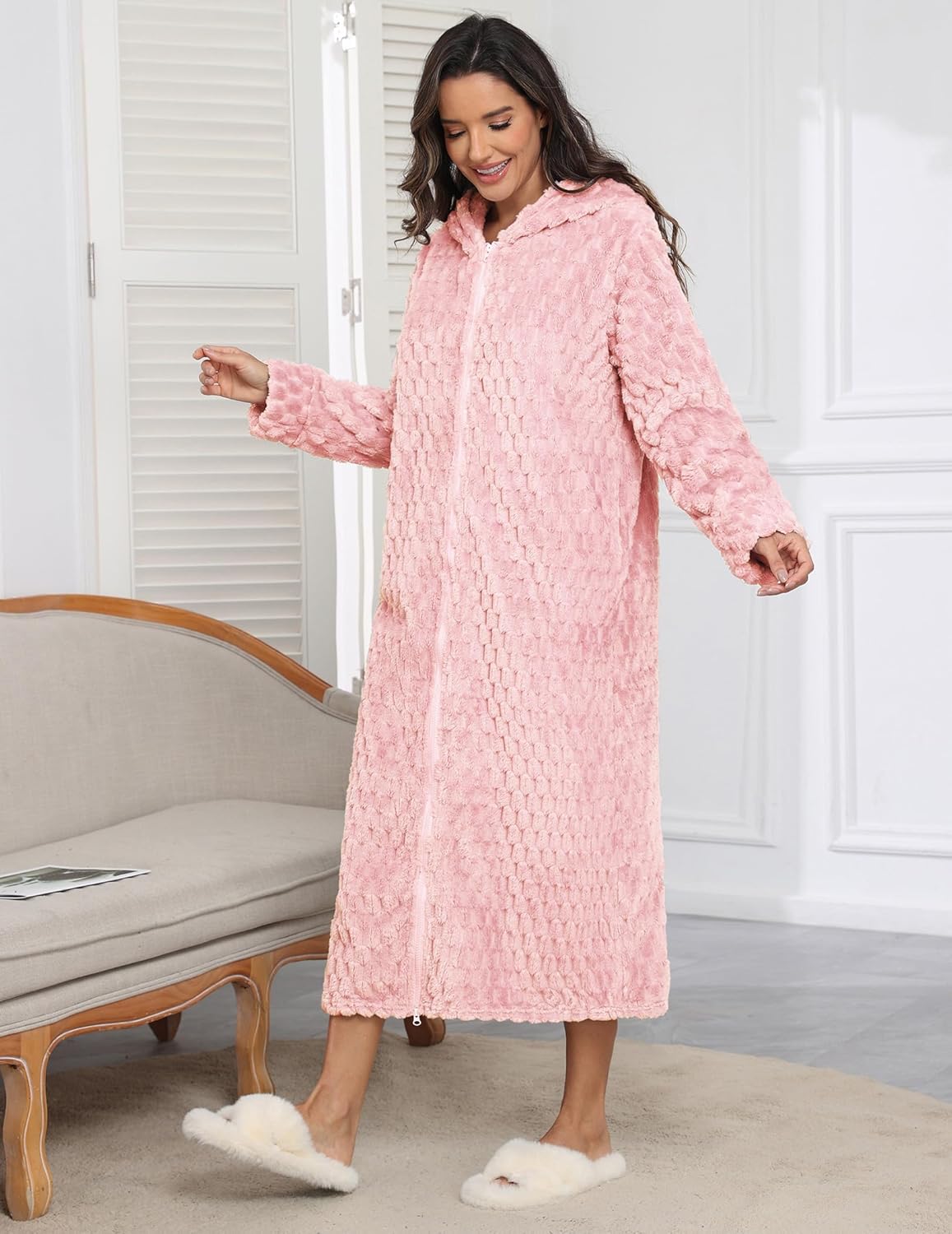 Fleece Robes Hooded Plush Zipper Front Long Bathrobe