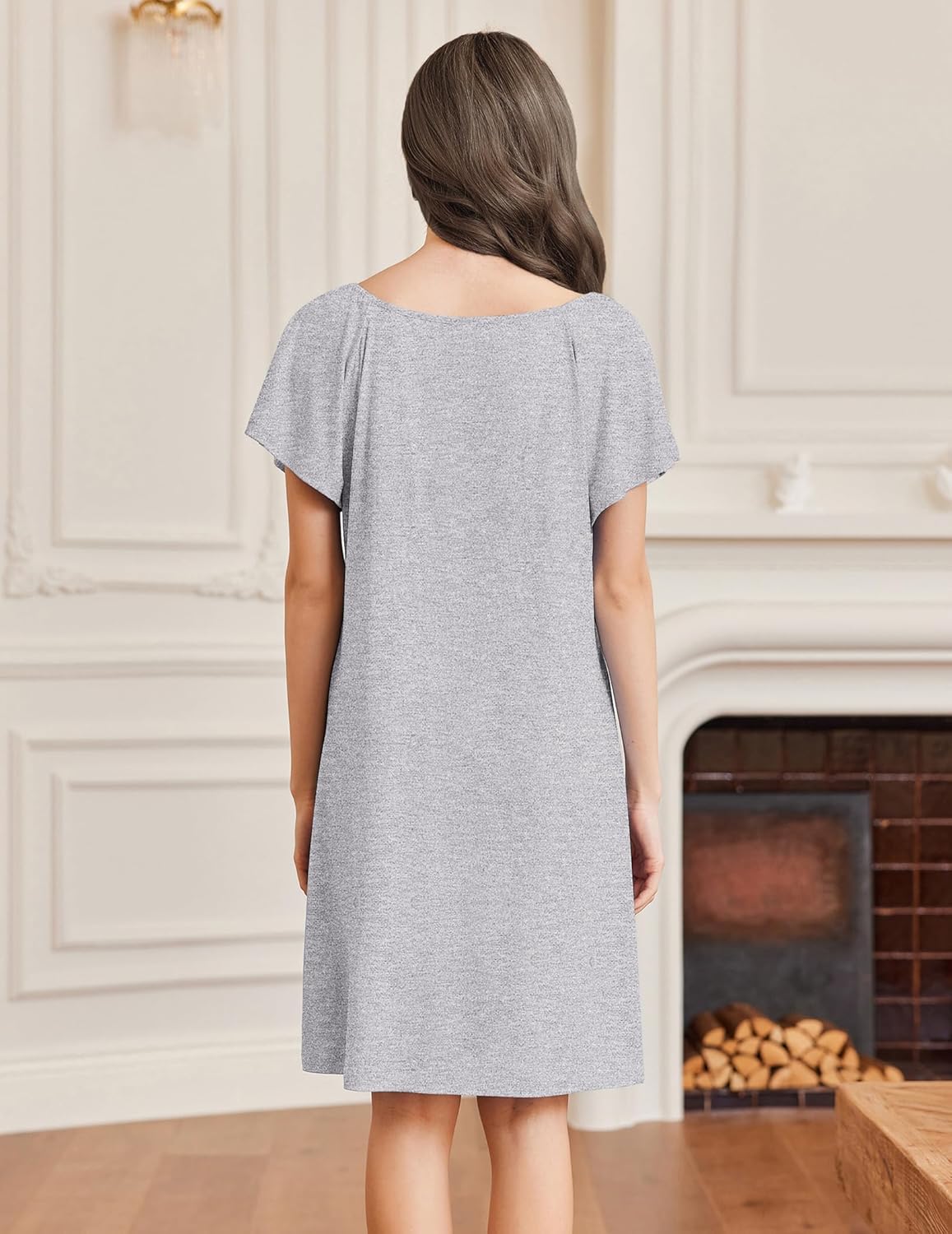 Lace Trim V Neck Sleep Shirt Flare Pleated Nightdress