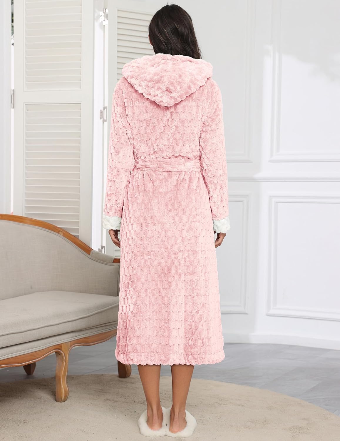 Plush Robes Long Soft Jacquard Fluffy Hooded Robe