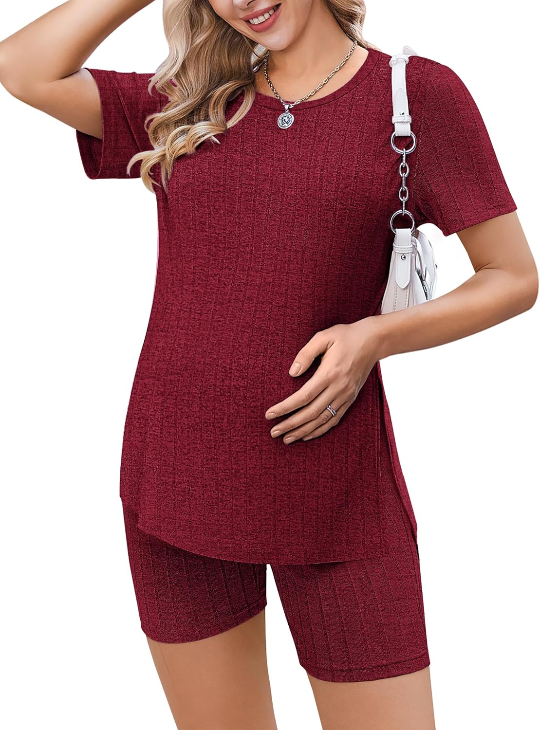 Maternity Sets 2 Piece Outfits Ribbed Knit Shirts and Shorts