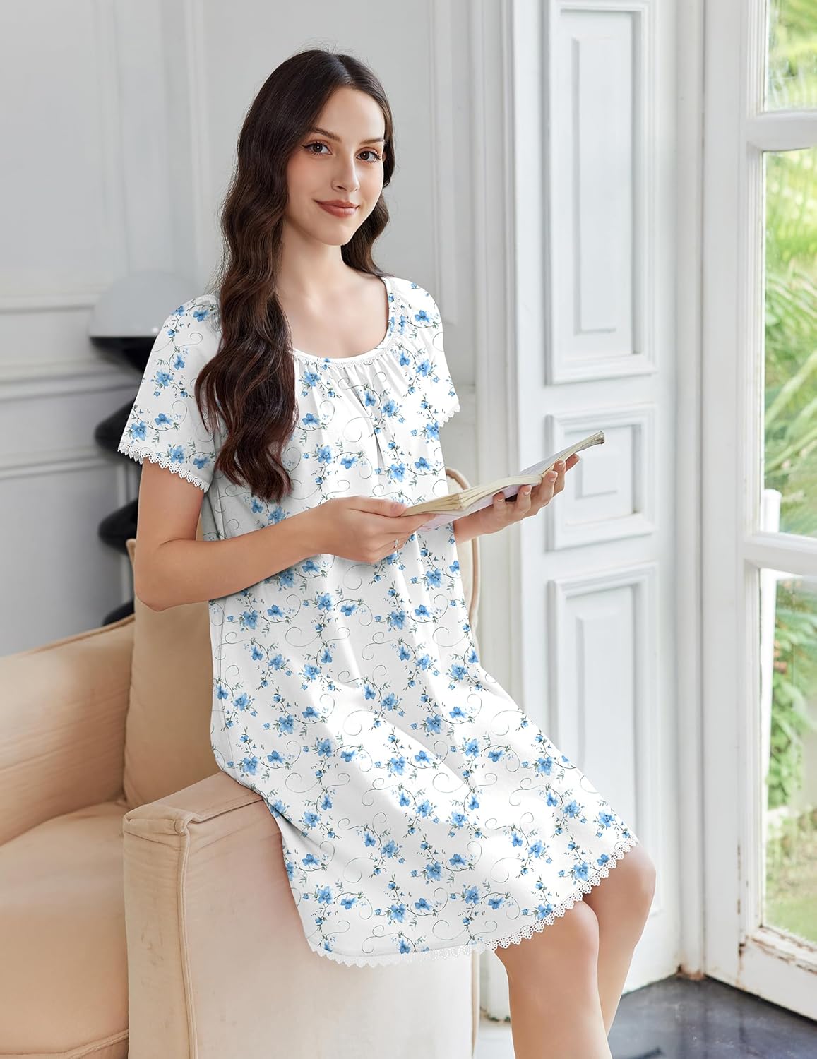 Cotton Nightgowns Lace Trim Short Sleeve Sleep Dress with Pockets