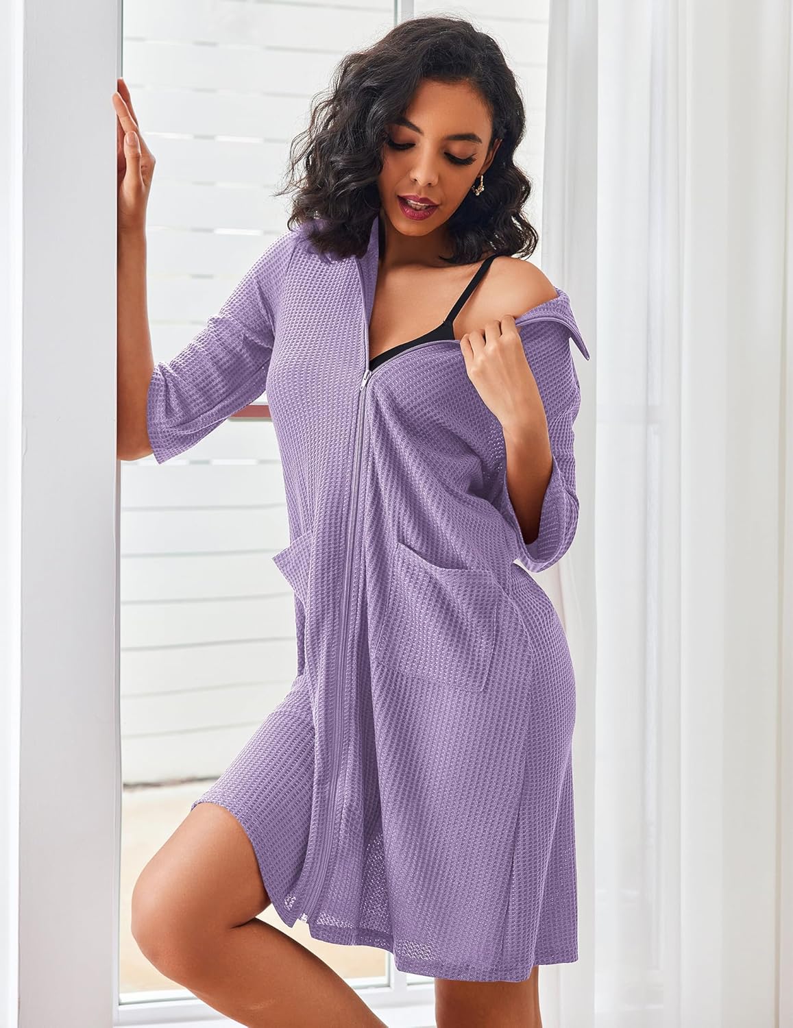 Zipper Robes Waffle Knit Bathrobes with Pockets