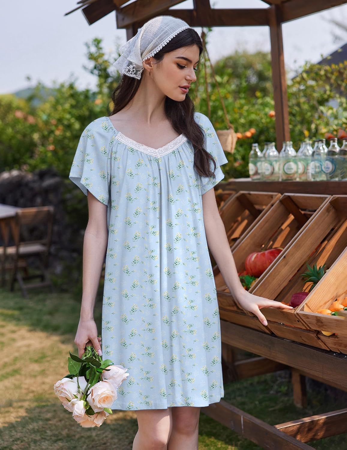Lace Trim V Neck Sleep Shirt Flare Pleated Nightdress