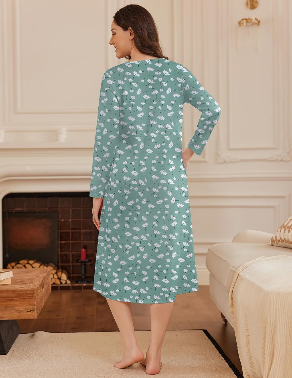 Long Button Night Gowns Full Length Sleep Dress with Pockets