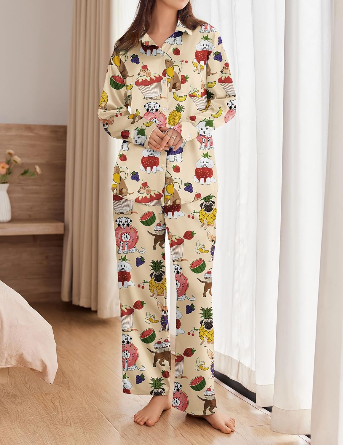 Satin Silky Pajama Set 2 Piece Soft Print PJs Loungewear