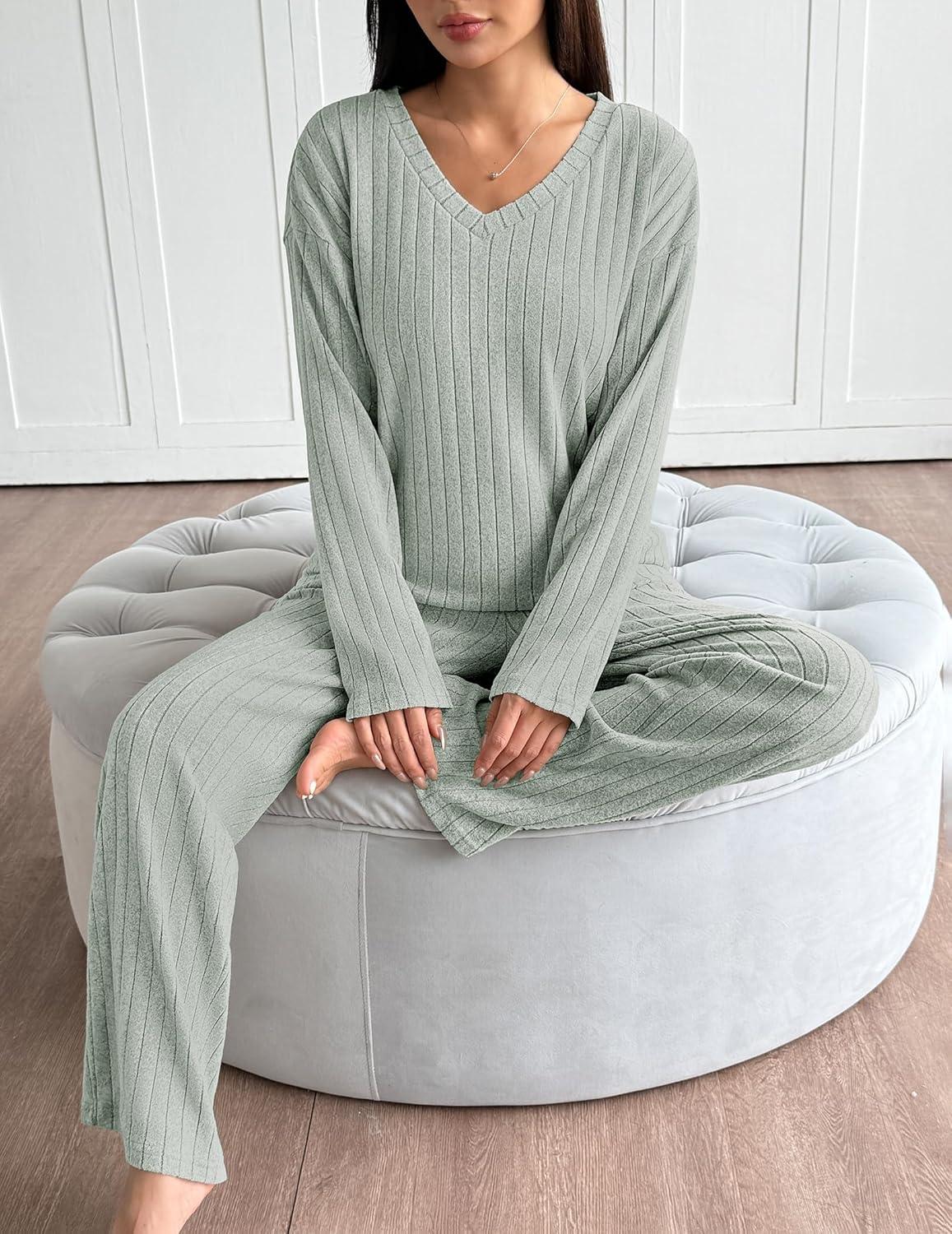 Lounge Sets Long Sleeve Knit Ribbed Pajama Sets