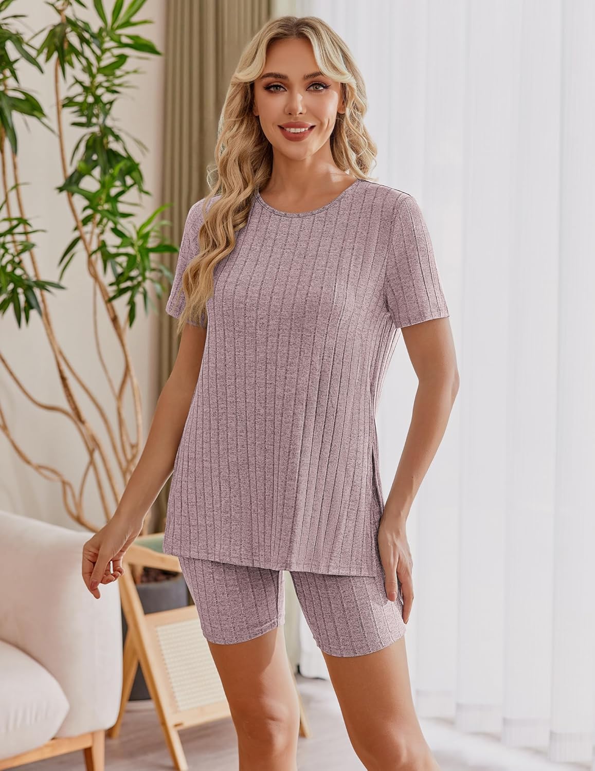 Maternity Sets 2 Piece Outfits Ribbed Knit Shirts and Shorts