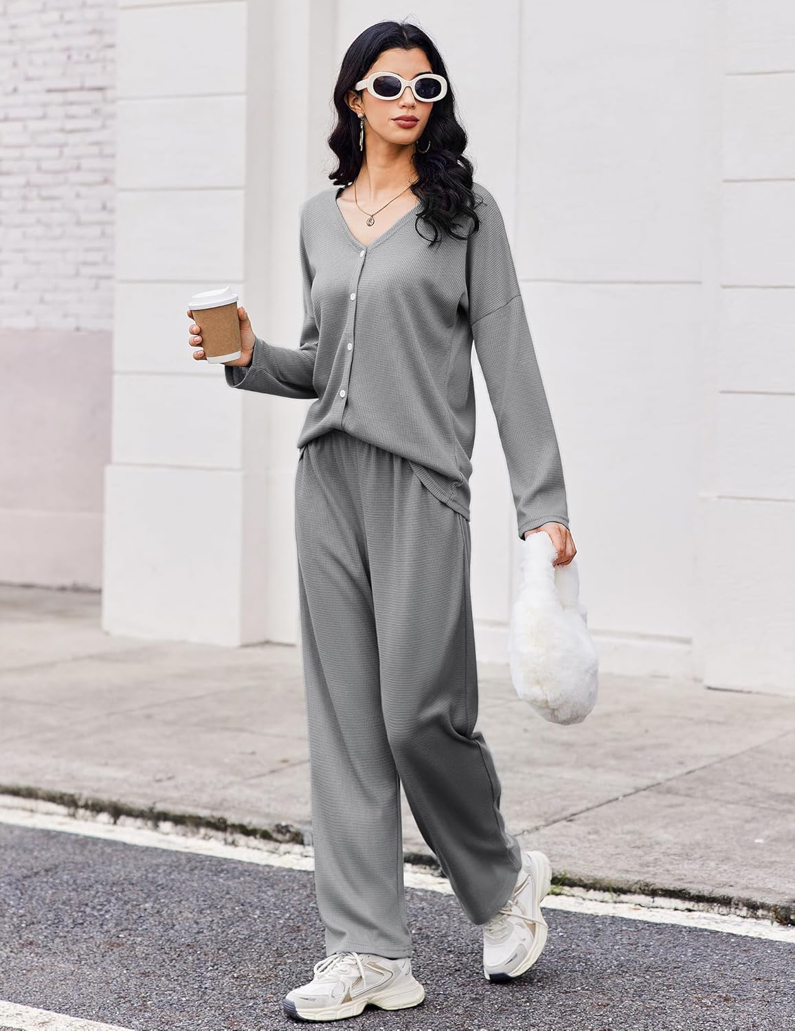 Waffle Knit Pajamas Long Sleeve Lounge Set