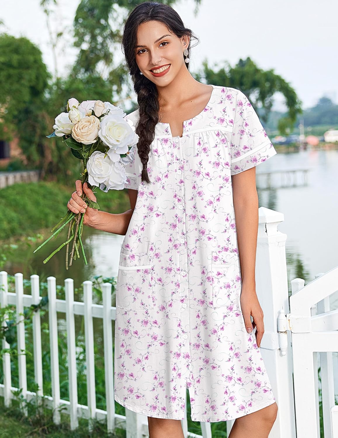 Cotton House Dress with Pockets Button Down Night Gown
